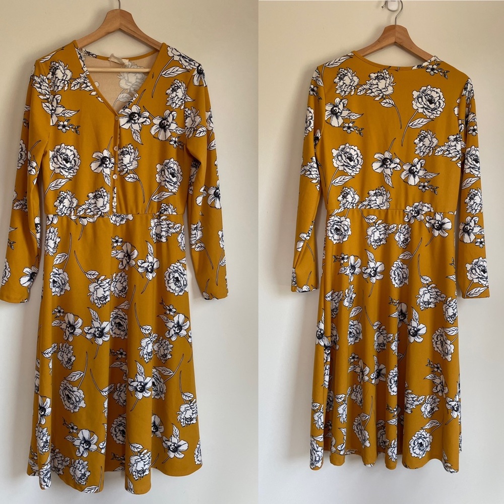 Mustard Floral Long Sleeve Women’s L Dress